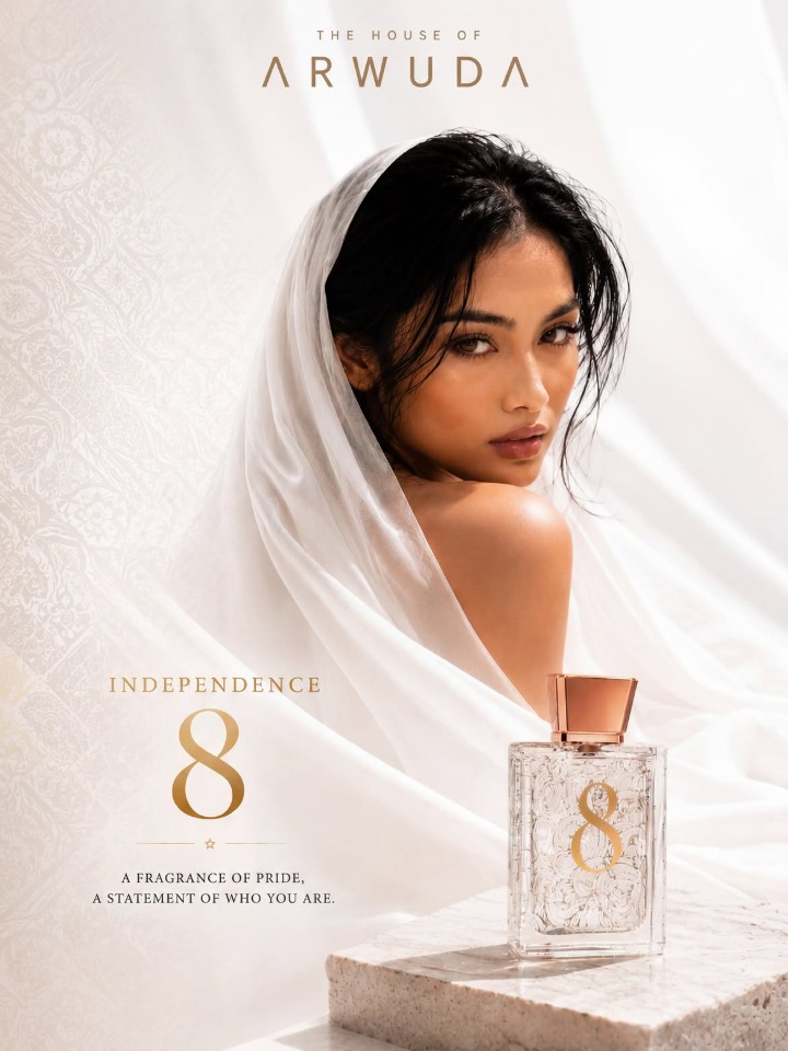 House of Arwuda Independence 8 campaign poster with a veiled model