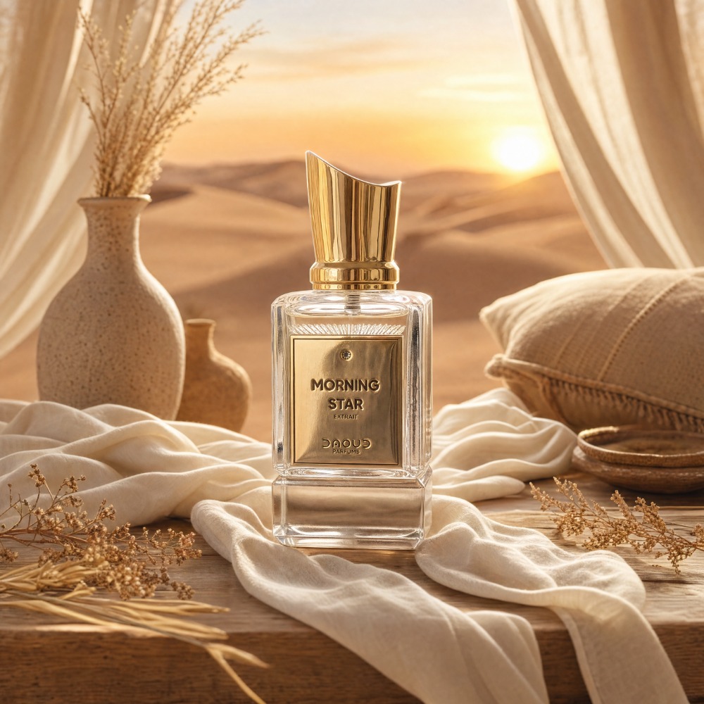 DAOUD Morning Star product poster in a sunlit desert tent setting