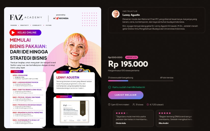 FAZ Academy class landing page showing the course outline, instructor profile and pricing