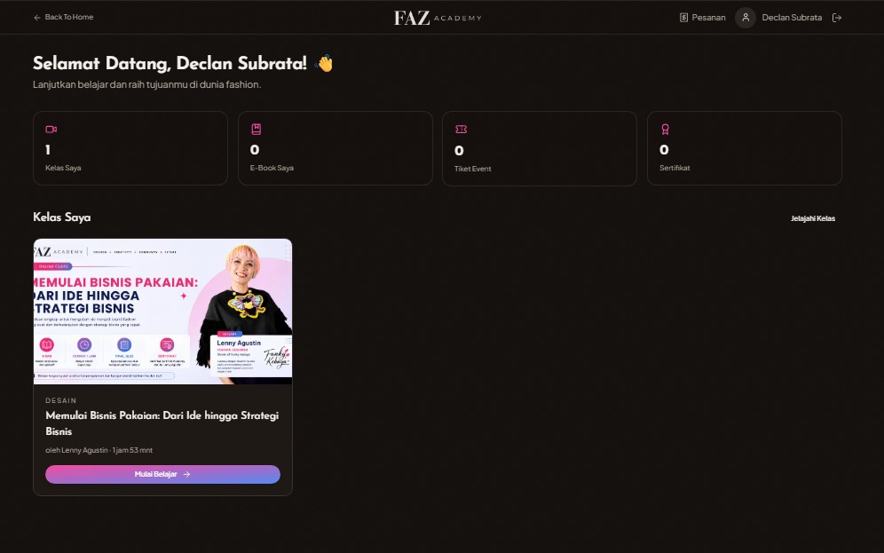 FAZ Academy student dashboard listing enrolled classes and certificates