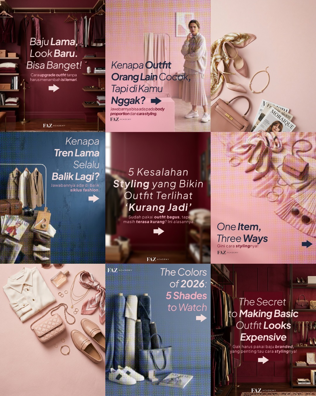 FAZ Academy Instagram feed layout with styling tips and product photography