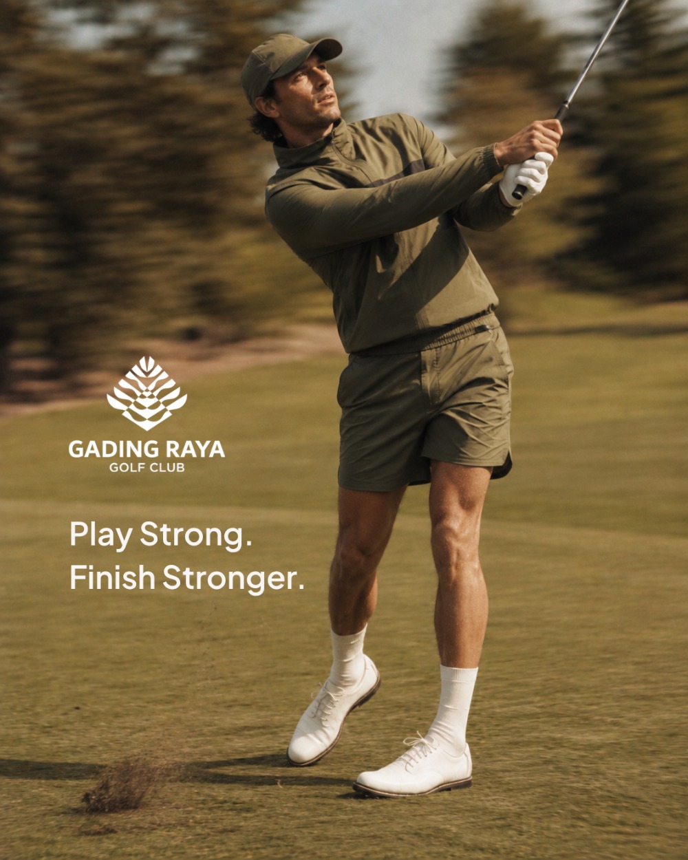 Gading Raya Golf Club cinematic poster: Play Strong, Finish Stronger, a golfer mid-swing