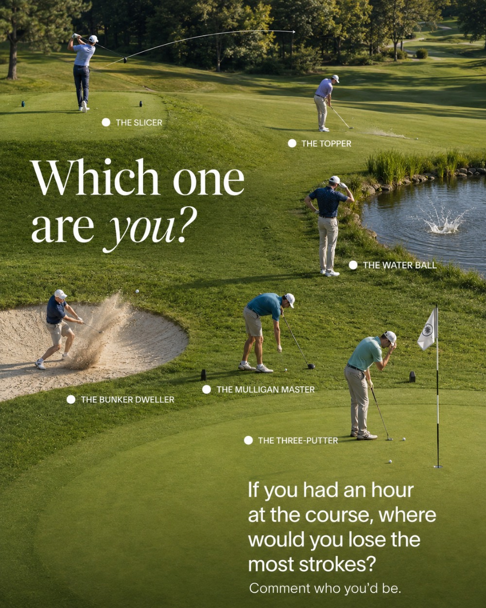 Gading Raya Golf Club Instagram poster: Which one are you, a grid of golfer archetypes on the course