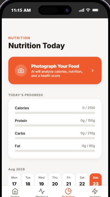 RAI Fitness app nutrition screen with the photograph-your-food feature and daily progress