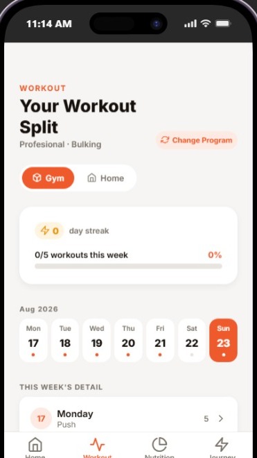 RAI Fitness app workout screen showing the weekly split and streak