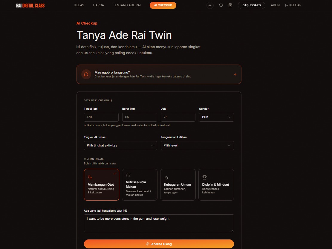 Rai Digital Class AI Checkup intake form for physical stats and fitness goals