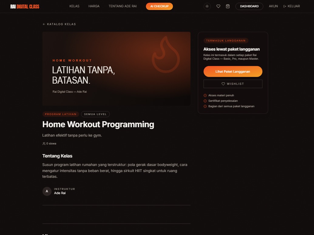 Rai Digital Class class landing page for the Home Workout Programming class